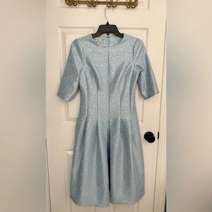 Rickie Freeman for Teri Jon Sky Blue Pleated 3/4-Sleeve Metallic Jacquard Dress